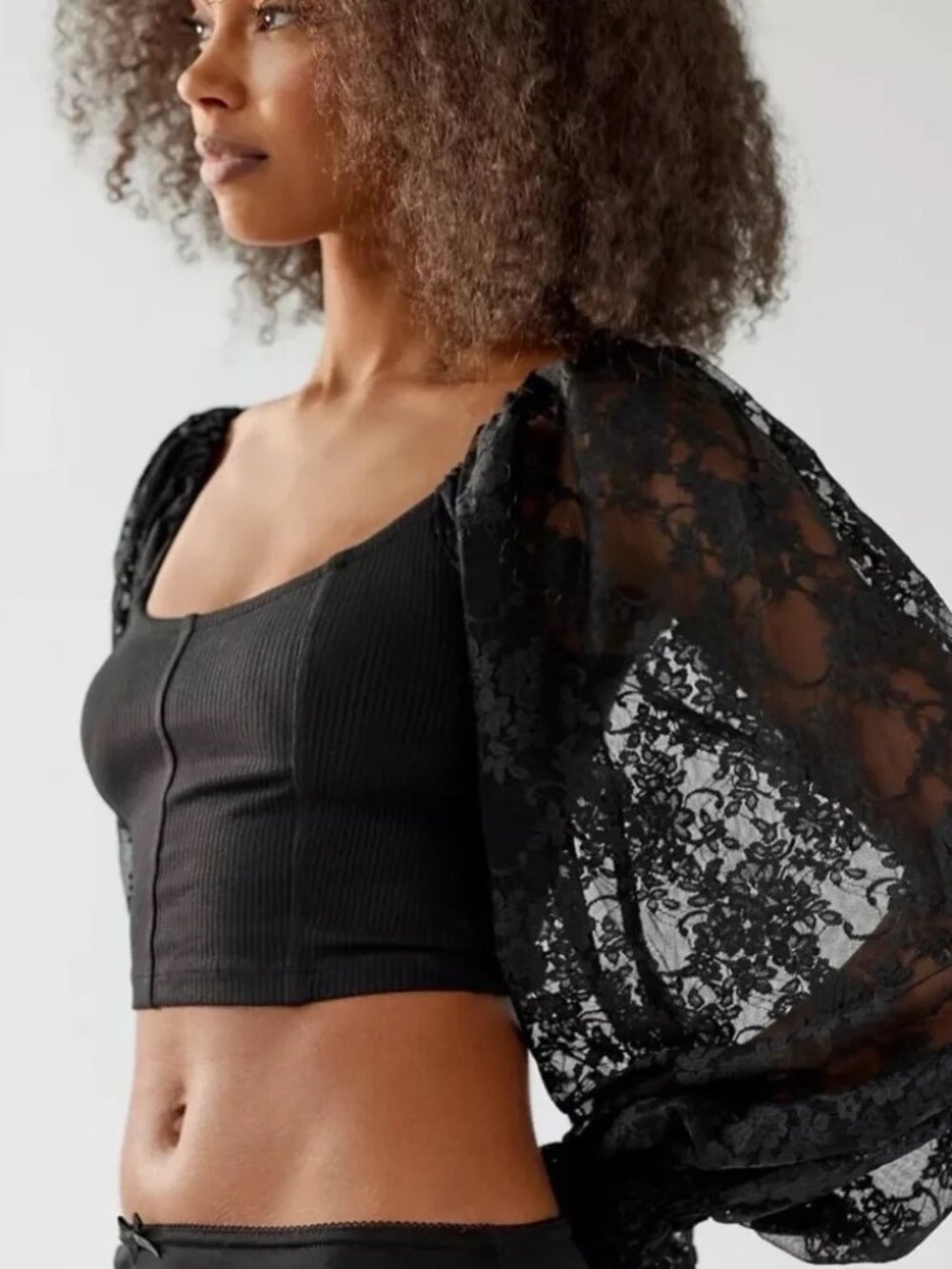 🖤 Urban Outfitters Cynthia Lace Sleeve Top Black S | Romantic Goth Coquette - Picture 2 of 11